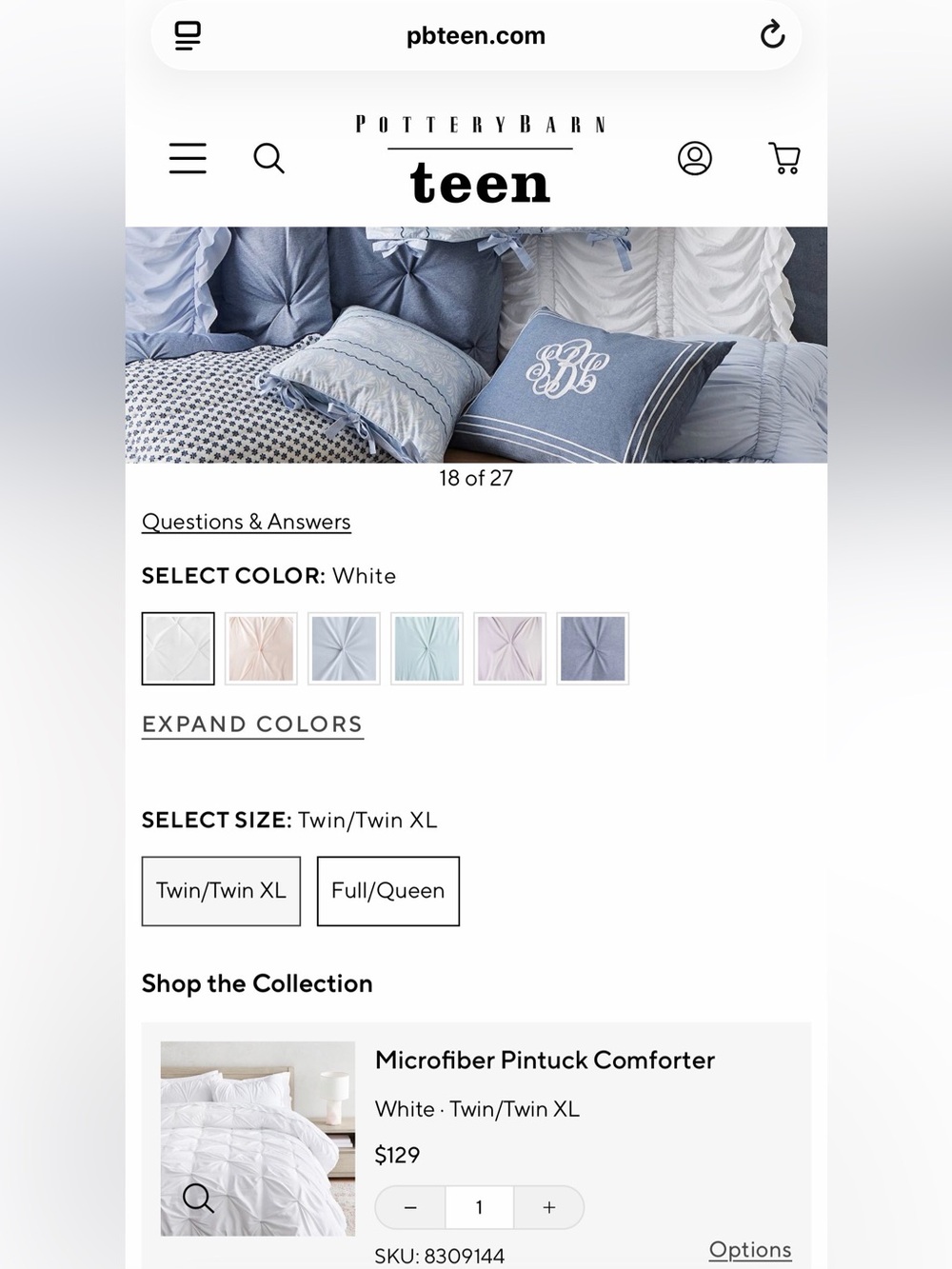 Pottery Barn Teen White Microfiber Pintuck Comforter Twin XL NWT (new with tags) - Picture 10 of 11